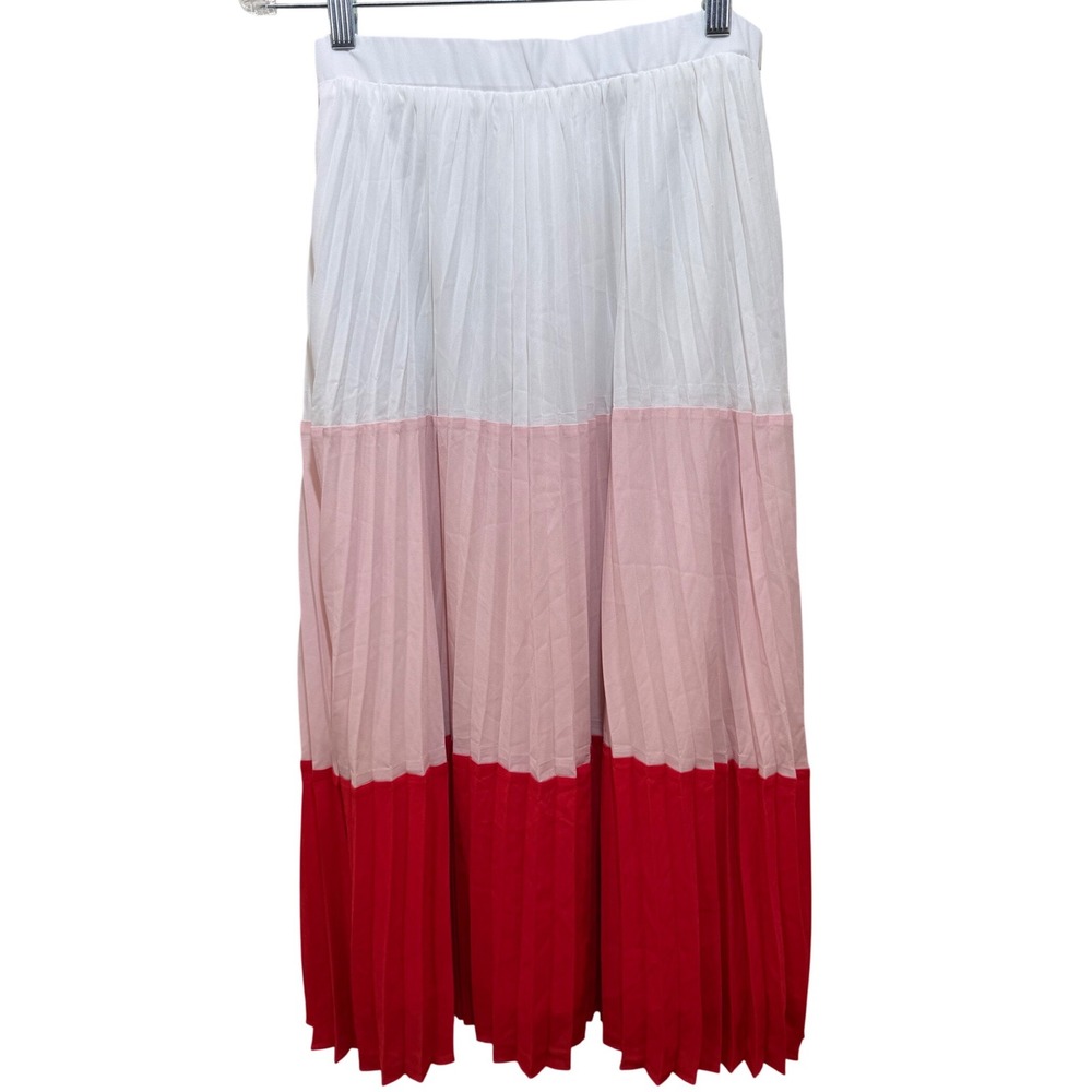 Lulus Colorblock Pleated Midi Skirt Pink Red White Size Small - Picture 2 of 7